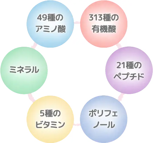 49種のアミノ酸/313種の有機酸/21種のペプチド/ポリフェノール/5種のビタミン/ミネラル